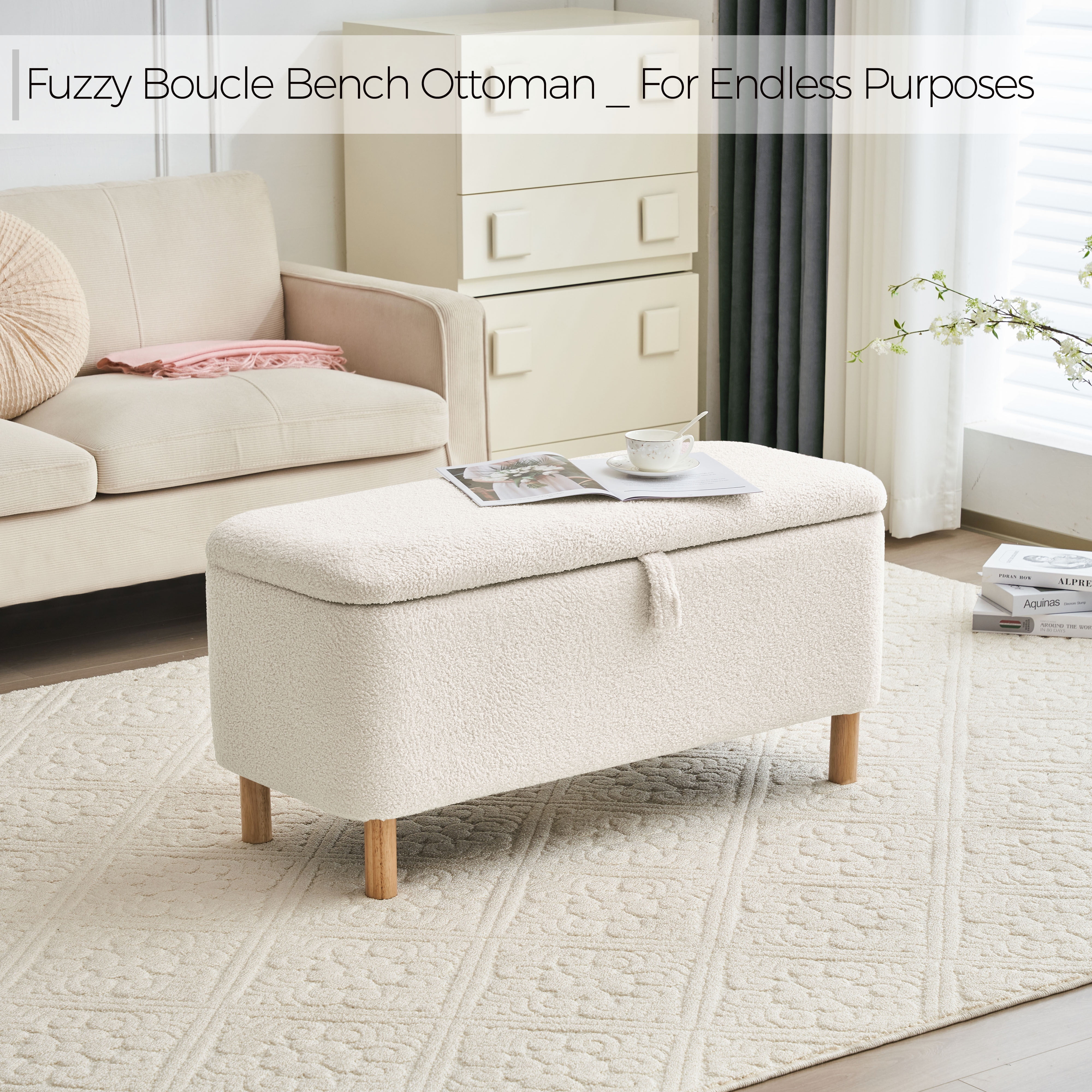 Comfort Stretch 39.3" Length Storage Ottoman Bench for Living Room,White Bedroom Bench with Entryway Storage Rectangular Boucle Foot Rest Stool Padded Seat