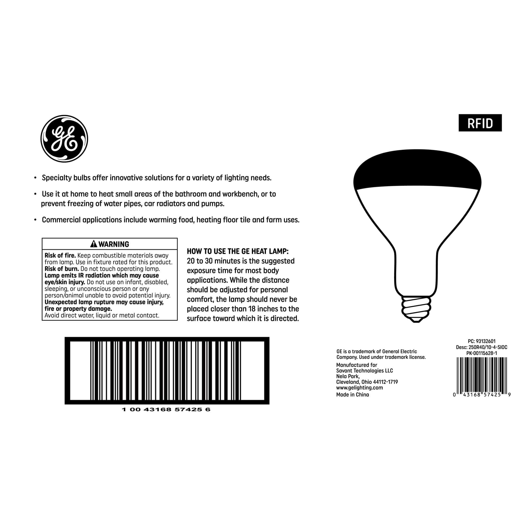 GE Incandescent Heat Lamp, 250 Watt Replacement, Red, BR40 Floodlight Bulb (4 Pack)