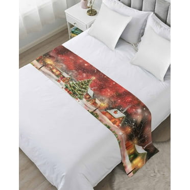 Red Christmas Bed Runner for Cal. King Size Bed, Xmas Tree Farmhouse Snowflake Bedspread Protector Slipcover Bed Scarf for Foot Bed Runners & Scarves for Bedroom Hotel Wedding Room 94x20 Inches