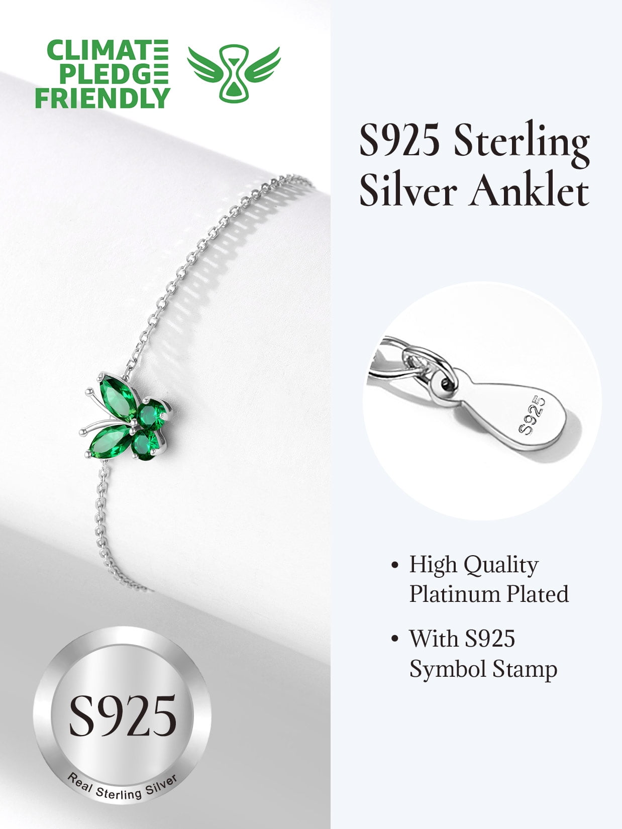 U7 Sterling Silver Anklet for Women Butterfly May Birthstone Foot Bracelet Summer Beach Holiday Jewelry Gift for Her Daughter Birthday