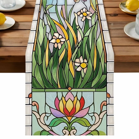 Retro Window Flowering Table Runner Colorful Floral Butterflies Art Cotton Linen Table Cloth Tablerunner for Kitchen Dining Party Wedding Home Decor 13x60 Inch