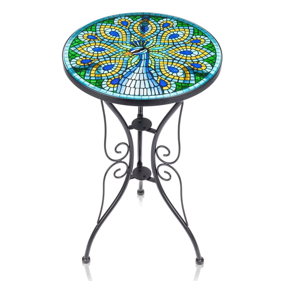 Peacock Glass Side Table for Garden, Outdoor Plant Stand Mosaic Accent Table Round Small End Table for Living Room Porch Balcony Garden