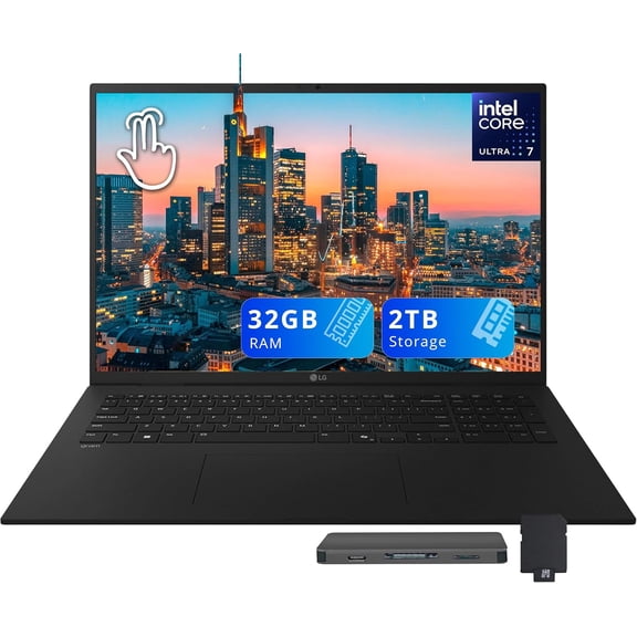 LG Gram 17" WQXGA Touchscreen Copilot  PC Laptop, Intel Ultra 7 258V, 32GB LPDDR5X, 2TB Storage (1TB SSD 1TB Docking Station), Intel Arc Graphics, Backlit Keyboard, FHD Webcam, Wi-Fi 7, Win 11, Black