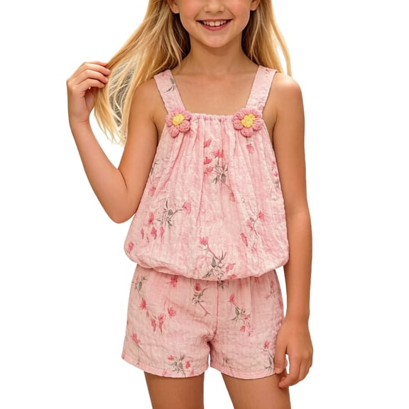 Girls Floral Print 2-Piece Outfit Sleeveless Top with 3D Flower Elastic Waist Shorts Summer Clothing Set,Size 2-3T