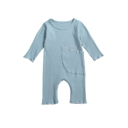 

Caitzr Newborn Baby Long Sleeve Romper Solid Color Ribbed Knit O-neck Pockets Jumpsuit Infant Casual One-piece Clothes