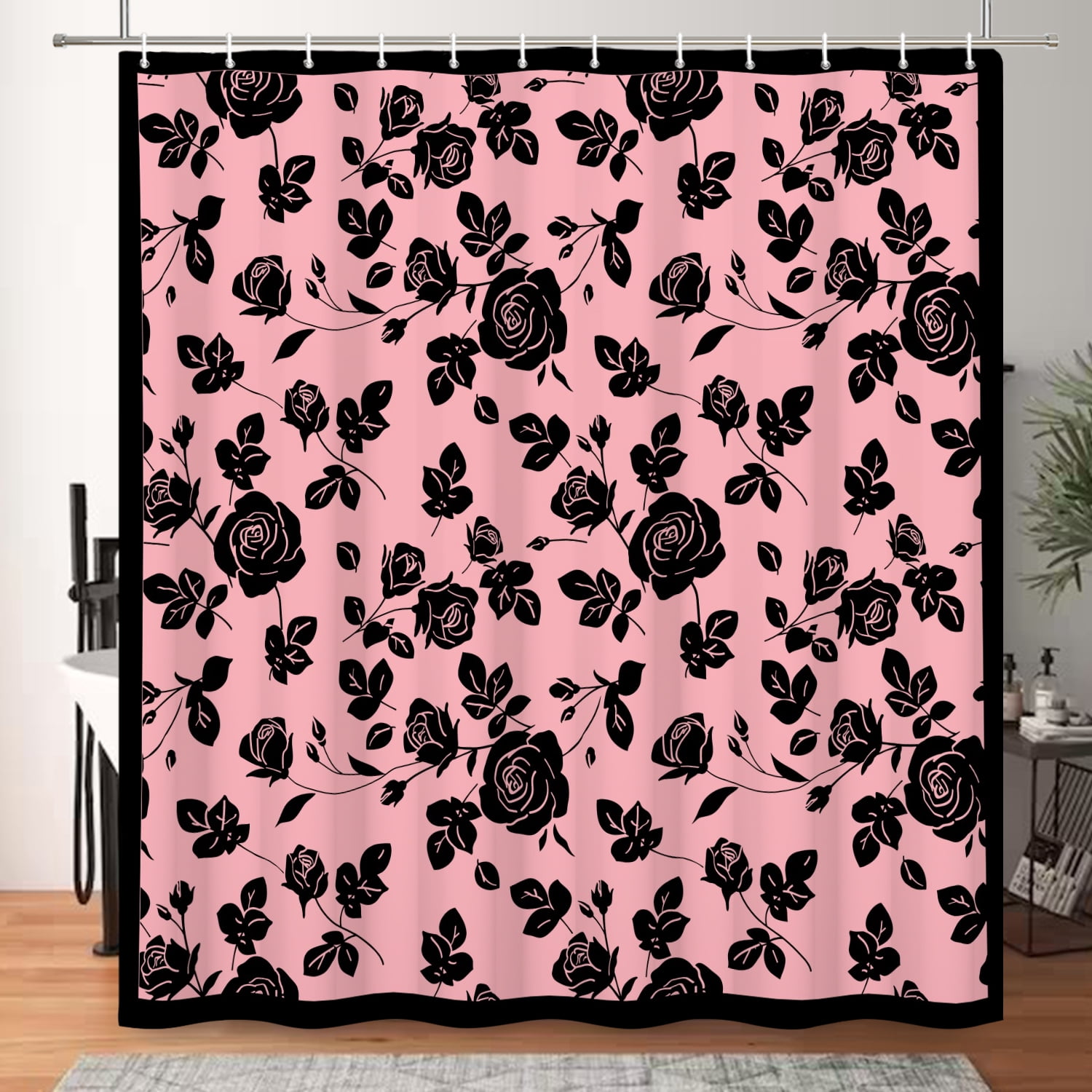 MIZHONA Black and Pink Floral Shower Curtain Vintage Rose Print Waterproof Fabric Bathroom Curtain 72x78 in
