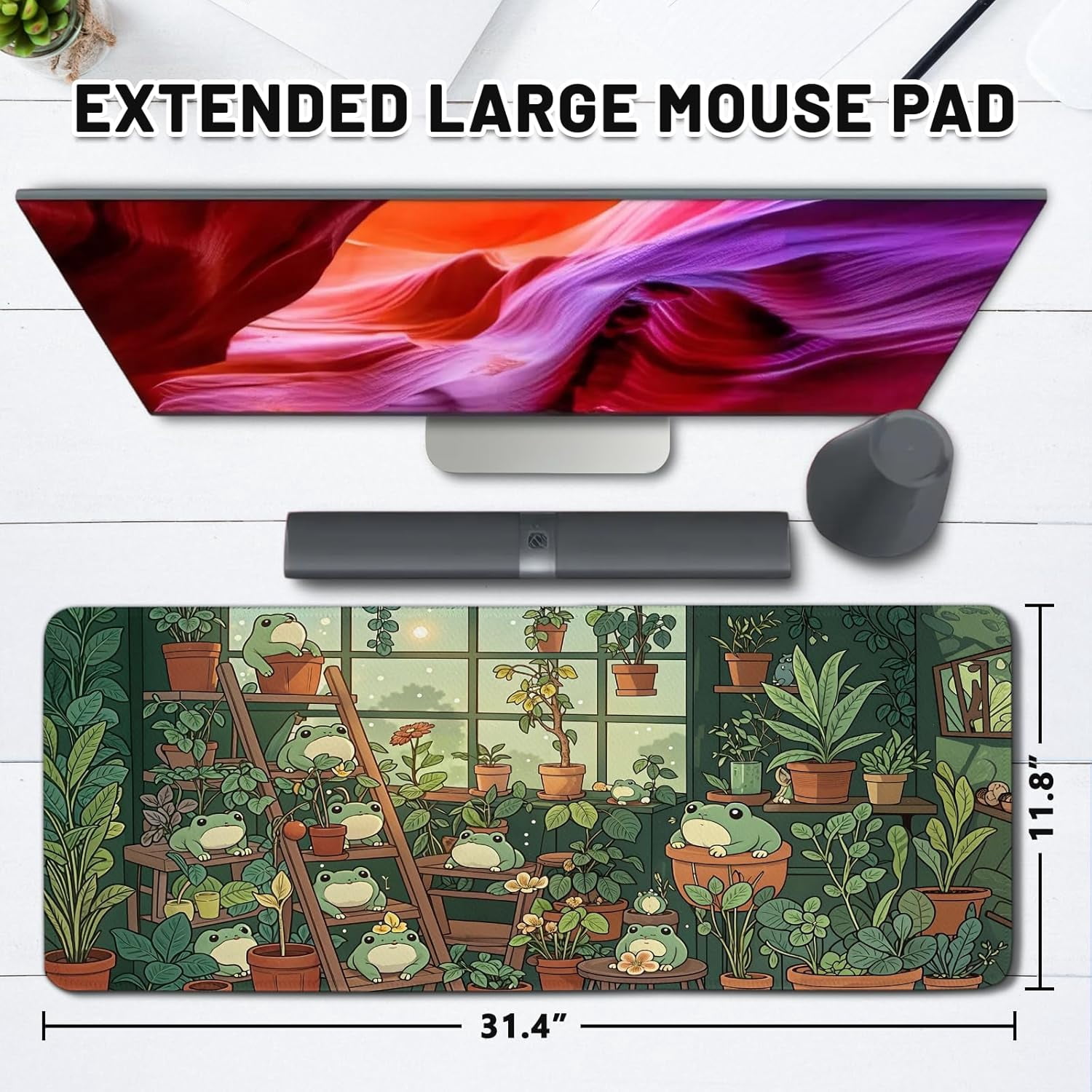 Frog Gaming Mouse Pad, Lush Green Nature Theme Mouse Pad, Indoor Frog Mousepad, Whimsical Frog Mousepad, Game Desk Accessories for Boy, Large Desk Mat for Keyboard Mouse 11.8”x 31.4” XL