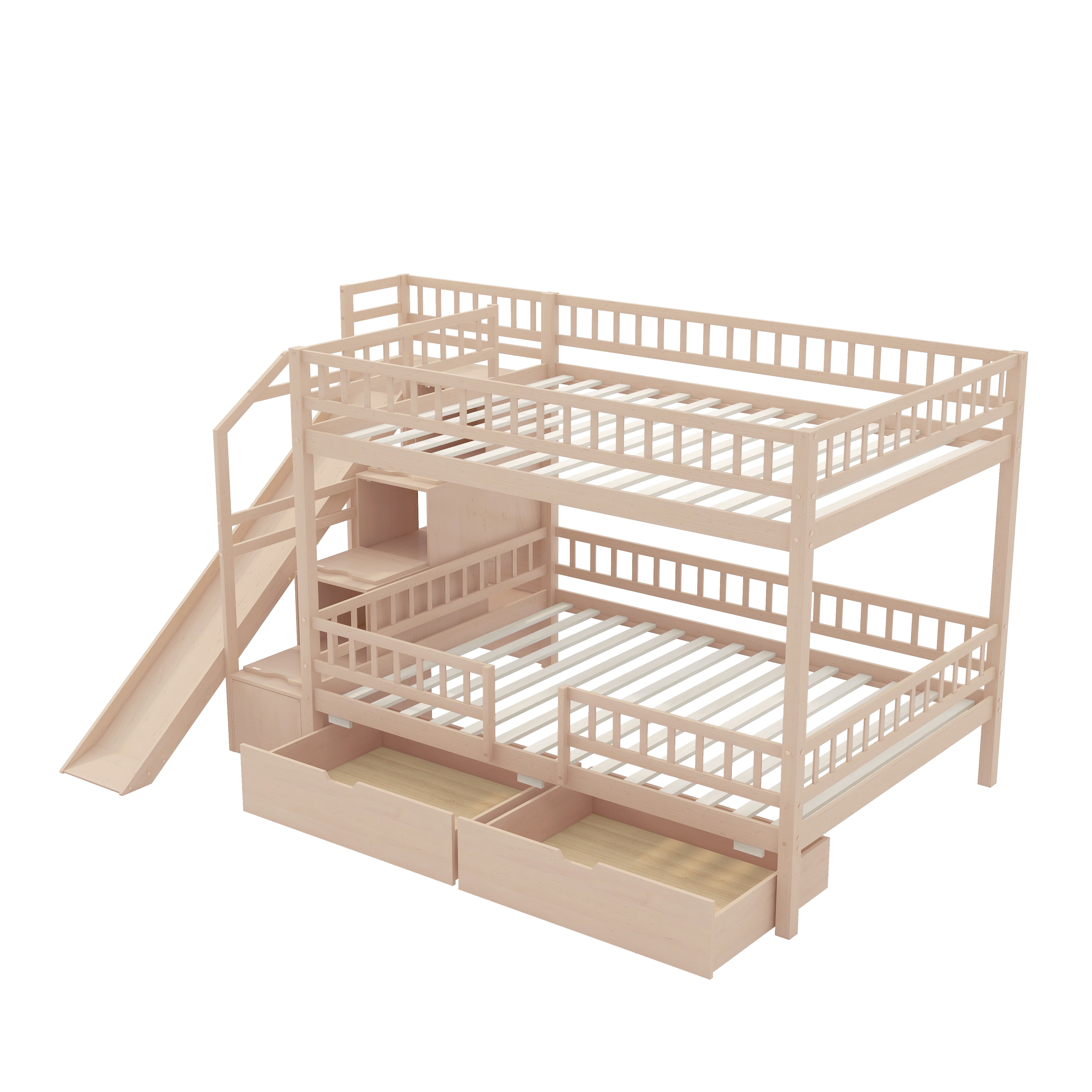 Euroco Wood Full over Full Bunk Bed with Drawers and Storage Staircase, Solid Bed with Slide, No Box Spring Needed, Walnut