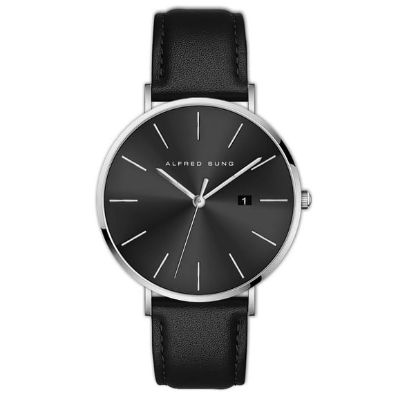 Alfred Sung Men's Metropolitan Silver Date Black Dial Leather Watch