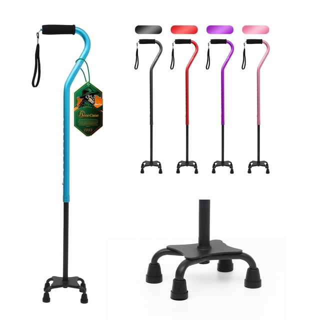 Bastón BeneCane Quad Cane ajustable con mango acolchado suave y desplazado para hombres y mujeres. Ligero y cómodo con patas de 4 puntas para mayor estabilidad (azul).