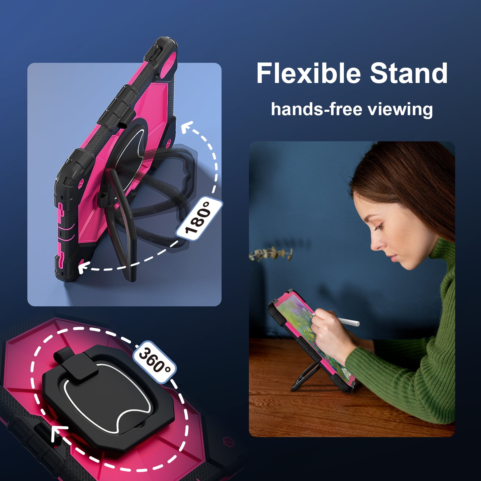 Decase Kids Case for Apple iPad 11th (A16)/10th Gen 2025/2022,Shockproof Rotatable Stand Cover,Detachable Shoulder Strap,Rugged 3-Layer Tablet Shell with Pen Holder,Black+Rose