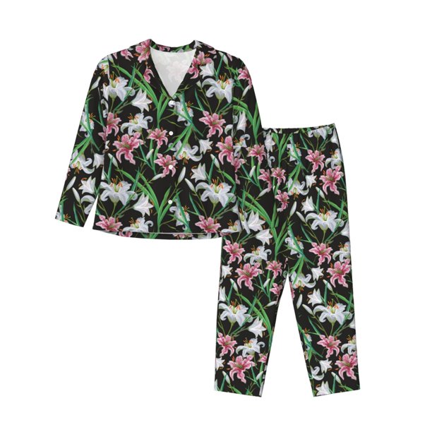 Fotbe Lilies Flowers Conjunto de Pijama de Manga Larga para Mujer con Estampado, Ropa de Dormir de 2 Piezas, Conjunto de Casa Suave y Cómodo con Bolsillos-XX-Large