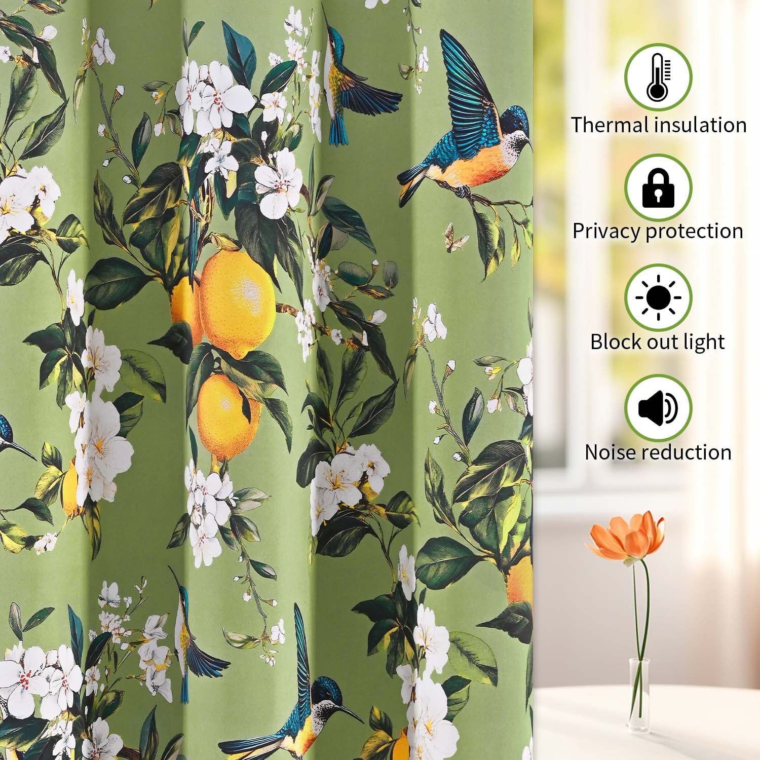 Alishomtll Floral Lemon Hummingbird Blackout Curtains Room Darkening Grommet Window Drapes for Living Room , 52" x84", ,Set of 2 Panels,Sage Green