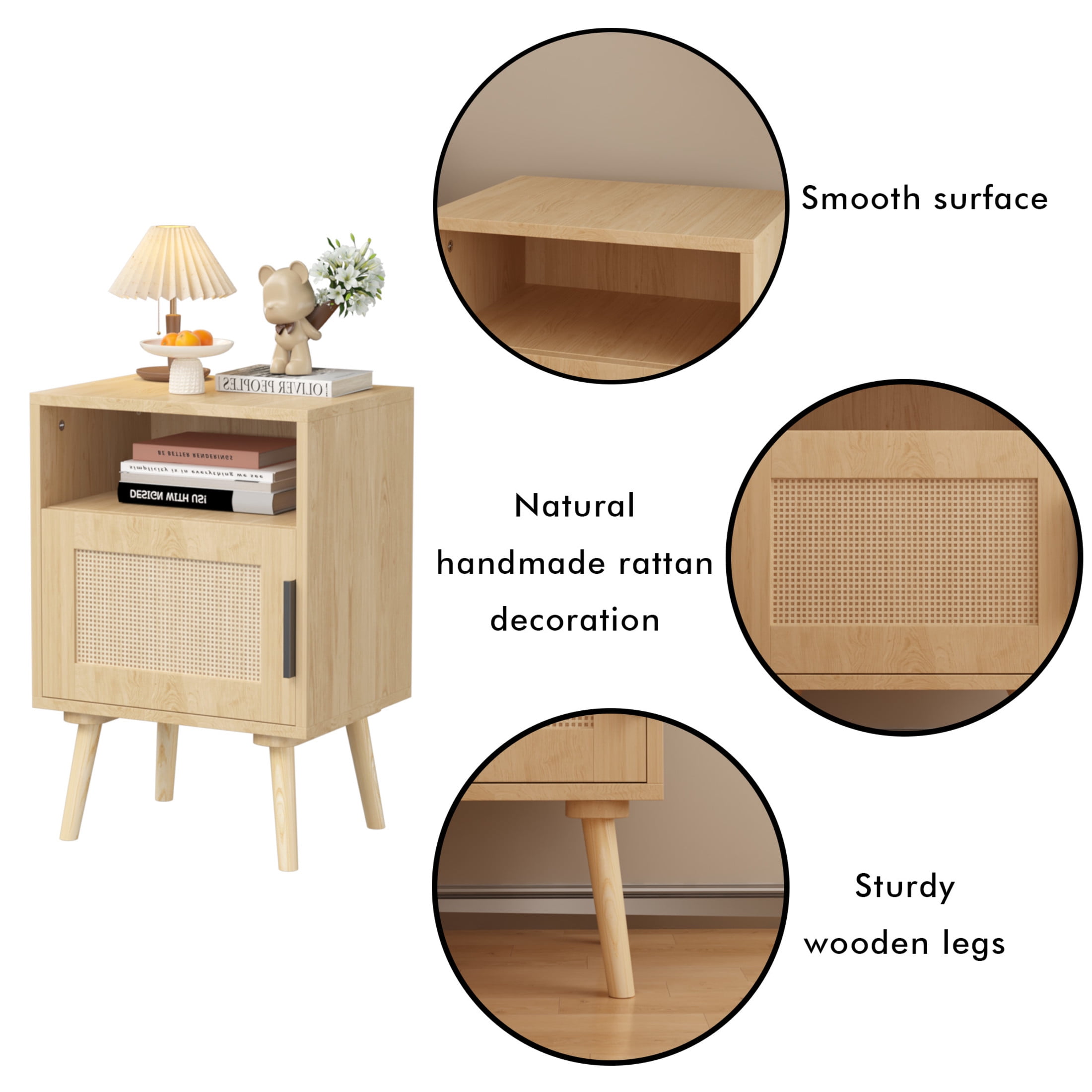 Noble House Samantha 22.8" Rattan Nightstand, Wood Accent Bedside Table with Door and Open Shelf, Oak