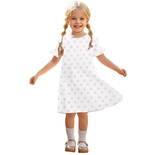 Zpanxa Robes d'Été pour Filles Décontractées à Manches Courtes Col Rond Imprimé Robe en Polyester Spandex Rose 7 Ans