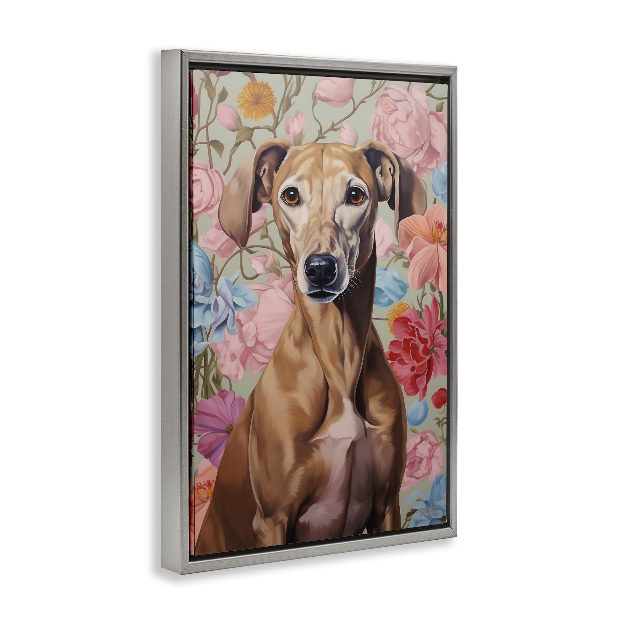 Stupell Industries Greyhound on Florals Animals & Insects Painting Gray Floater Framed Canvas Art Print Wall Art, 17 x 25