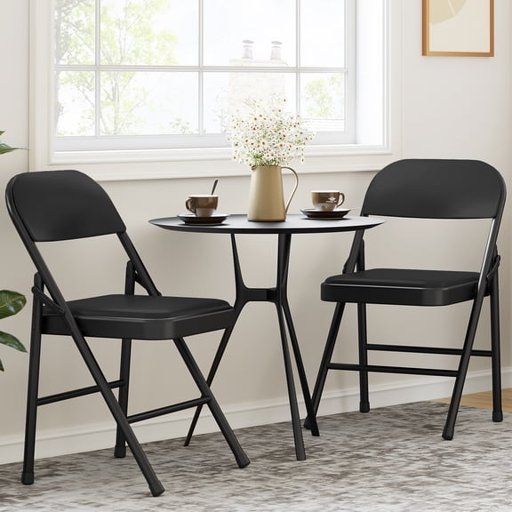 Heavy Duty Folding Chairs Set of 2, PU Padded Seat Metal Frame Supports 350 lbs Portable Stackable for Dining Office Indoor Outdoor Black