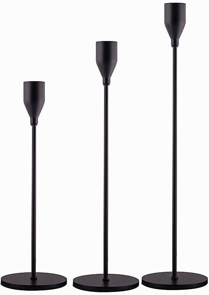 Set of 3 Modern Decorative Candlestick Holder for Table,Fits 3/4 inch Thick Black Metal Candle Stand 