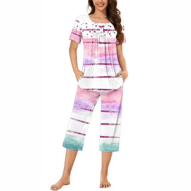 Tnhcen Short Sleeve Capri Pants with Pockets Fashionable 2-Piece Women's Print Summer Pajama Set S-3XL