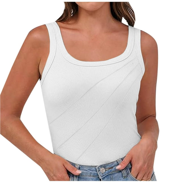 Taqqpue Débardeurs Côtelés pour Femmes Tricot Col Rond Sans Manches Hauts Décontractés Été Tendance Coupe Ajustée Mode T-Shirts Basiques Hauts de Sortie