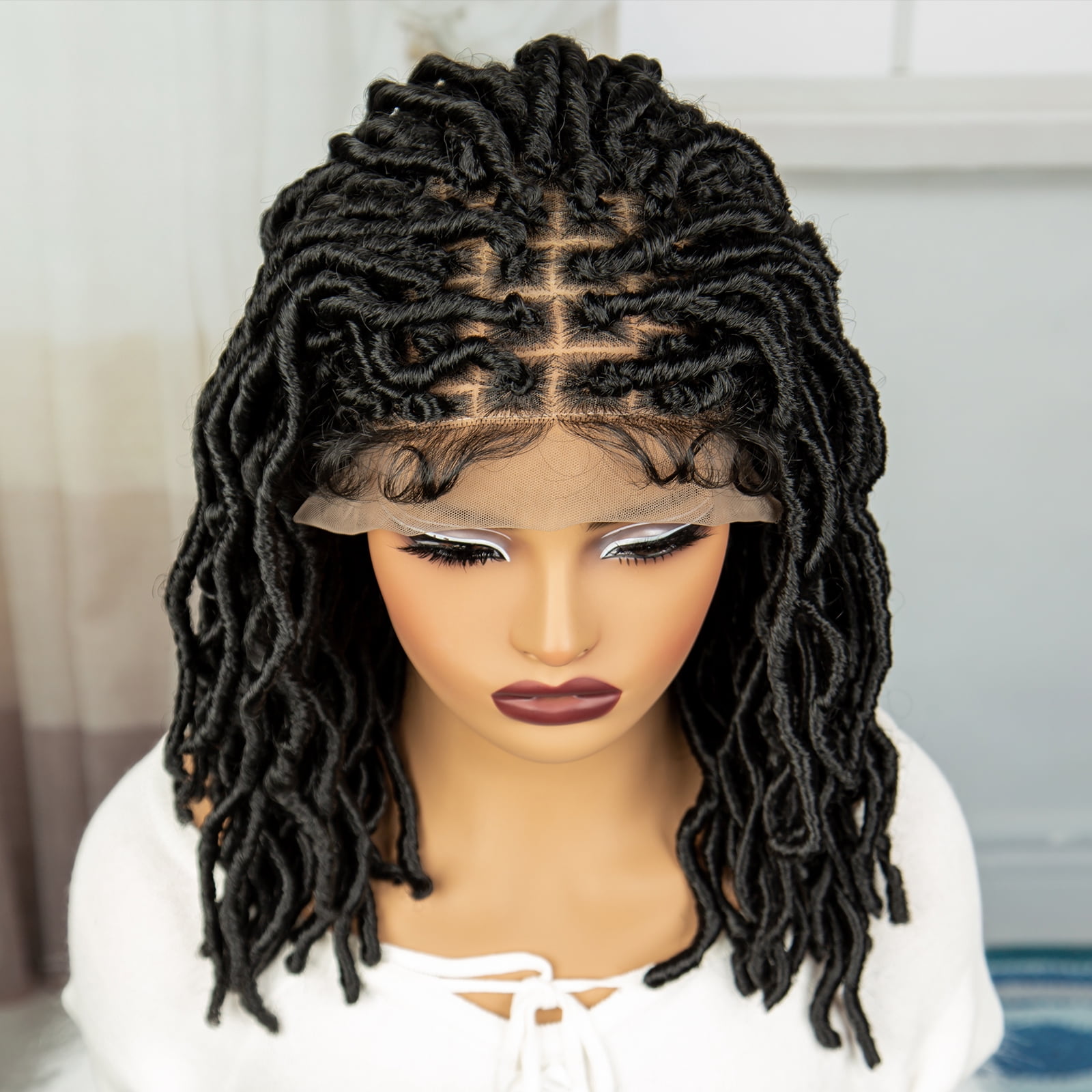 Locs Braided Wigs Synthetic Square Knotless Box Braids Wigs for Women 14 Inches Lace Frontal Lightweight Bob Dread lock Wig with Baby Hair (1B Color)