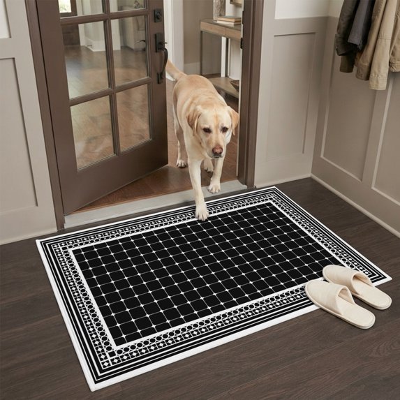 Entryway Rug 2'x3', Black White Border Grids Kitchen Runner Rugs Non-Slip Carpet Mats, Geometric Frames Lines Bedside Rugs Runners Washable Floor Carpet for Bathroom Laundry Room