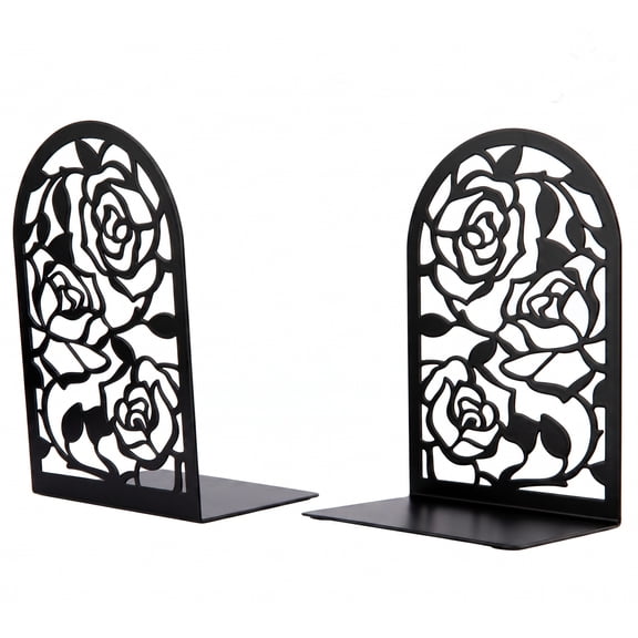 Unique Bargains Large Flower Design Floral Metal Bookends Black Style A 4.7"x3.2"x7.3"