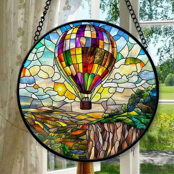 Hot air Balloon at The Edge of a Cliff with a View Suncatcher Indoor/Outdoor Stained Glass Window Hanging Handmade Suncatchers Decoration Home Garden Christmas Party Wedding