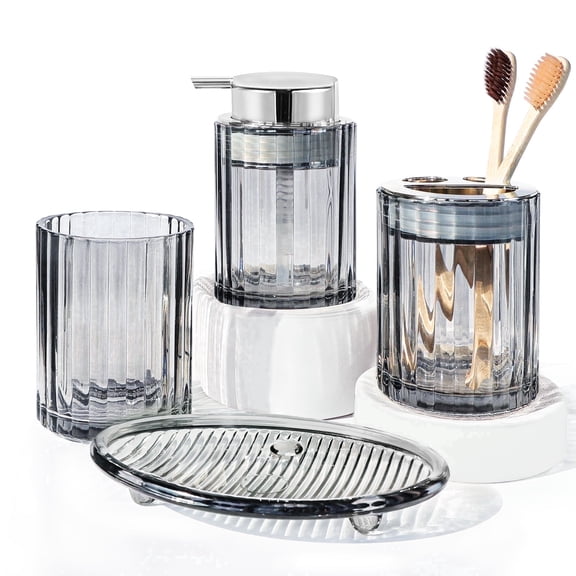 CERBIOR Bathroom Accessories Set, 4 Pcs Glass Bathroom Accessories Sets Complete w/Soap Dispenser, Soap Dish ,Toothbrush Holder,Tumbler, Bathroom Decor, Gift for Home Apartment, Silver Grey