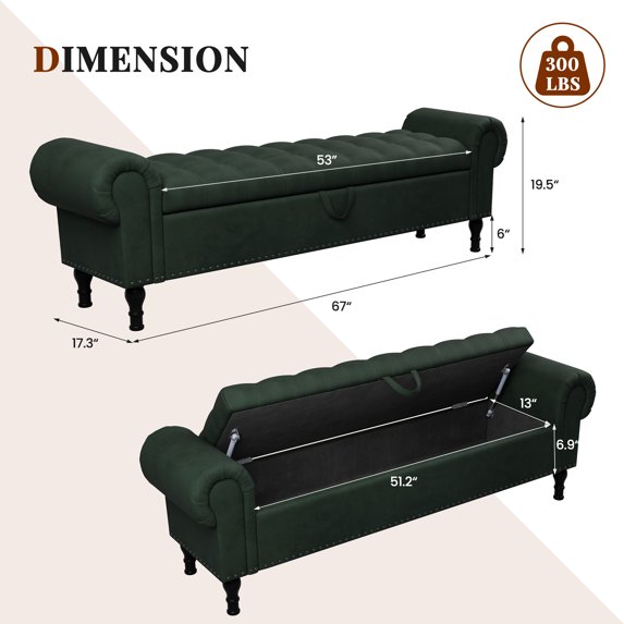 YOUDENOVA 67" Storage Bench for Bedroom, King Faux Leather Storage Ottoman Bench with Button, Upholstered End of Bed Bench with Rolled Arms for Bedroom, Living Room, Entryway,Dark Green