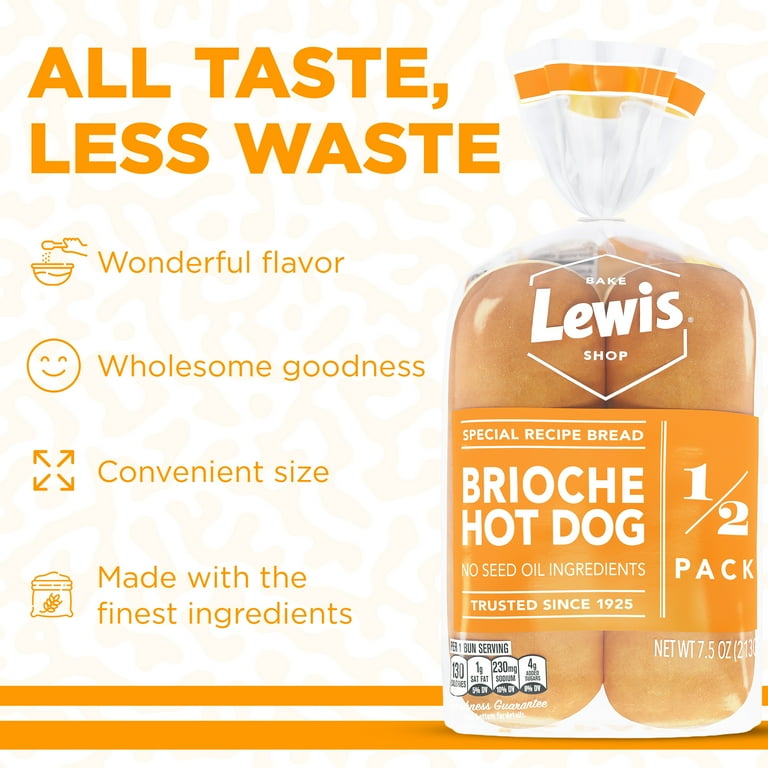 Lewis Bake Shop Brioche Half Pack Hot Dog Buns, 7.5 oz, 4 Count