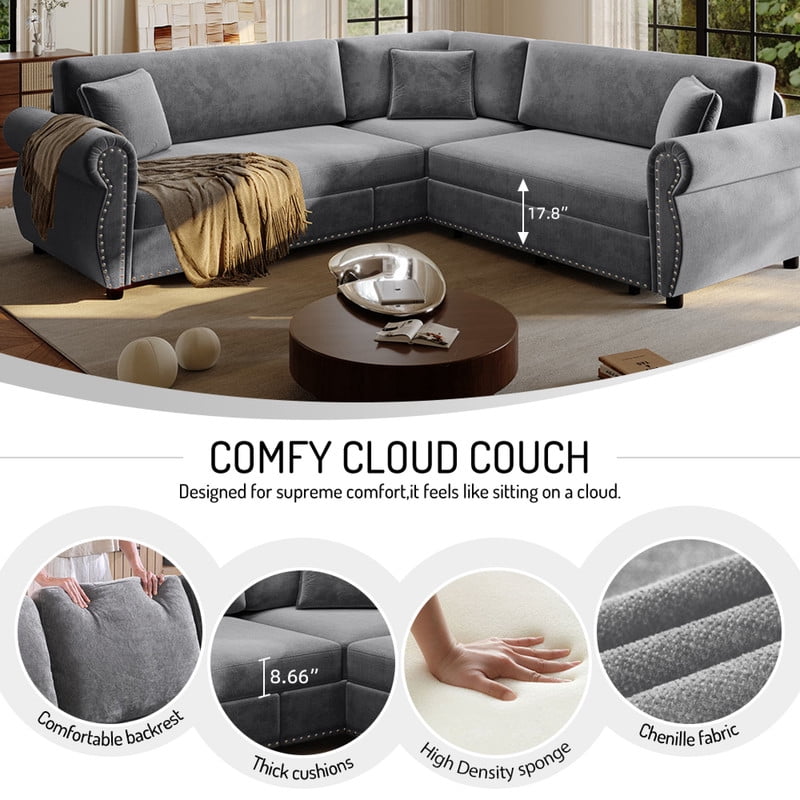 88.2" Sectional Sleeper Sofa with Pull Out Bed, Convertible Sleeper Couch with Nailhead Trim, 5-Seat Sectional Sofa Chenille Couch for Living Room Apartment