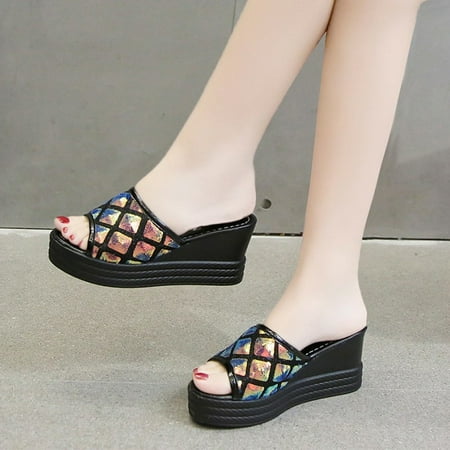 

XIAOFFENN Women s Ladies Platform Wedge Heel Sandals Sequins Shoes Footwear
