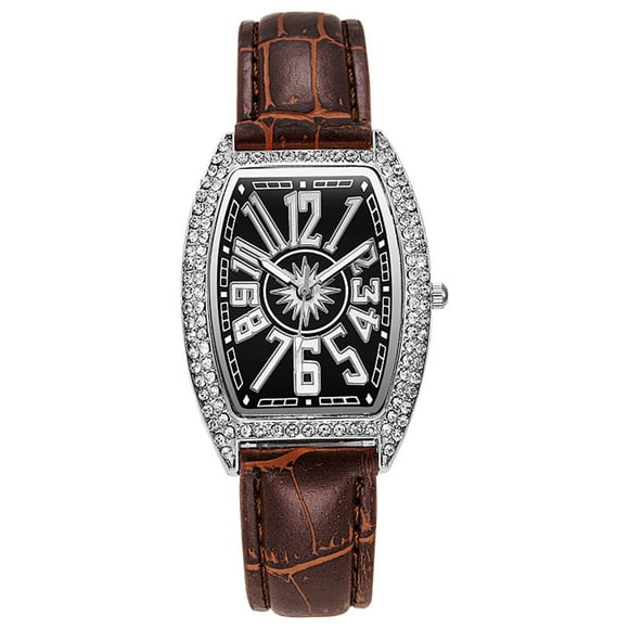 EGNMCR Women's Quartz Watch Leather Ladies Diamond-studded Wine Barrel Type Big Digital Faceted Watch Quartz watch