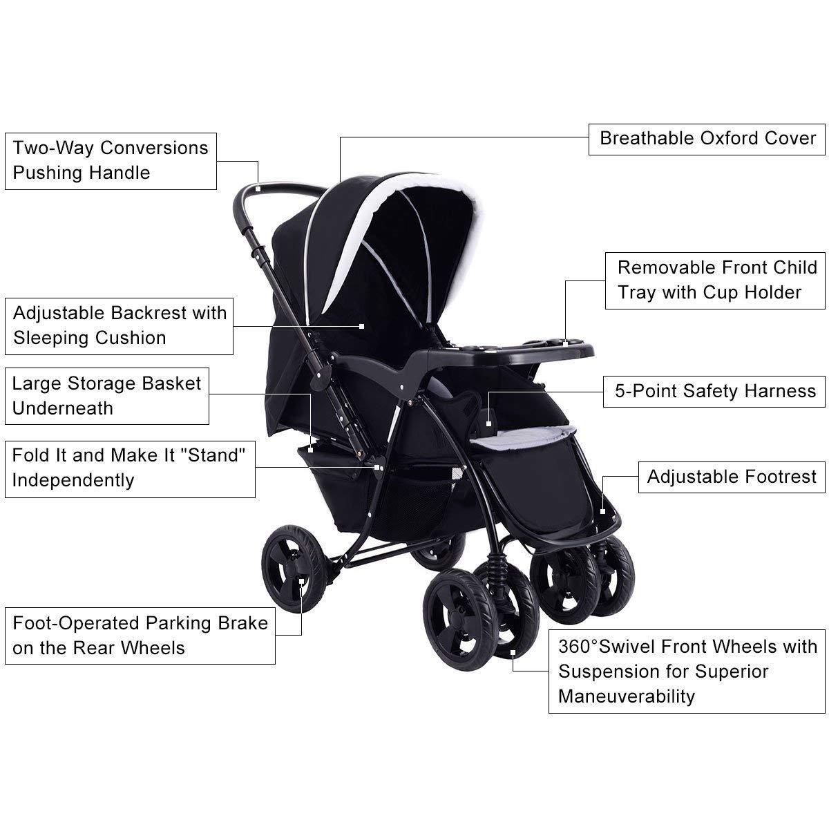 two way foldable baby kids travel stroller newborn infant pushchair buggy black