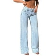 thumbnail image 3 of Female High Waisted Raw Hem Jeans Stretchy Wide Leg Frayed Straight Denim Pants Light Blue S, 3 of 10