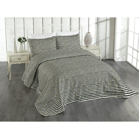 Ambesonne Leaves Quilted Coverlet 3 Pcs, Winter Pine Tree Branches, King Size, Pale Green and Black