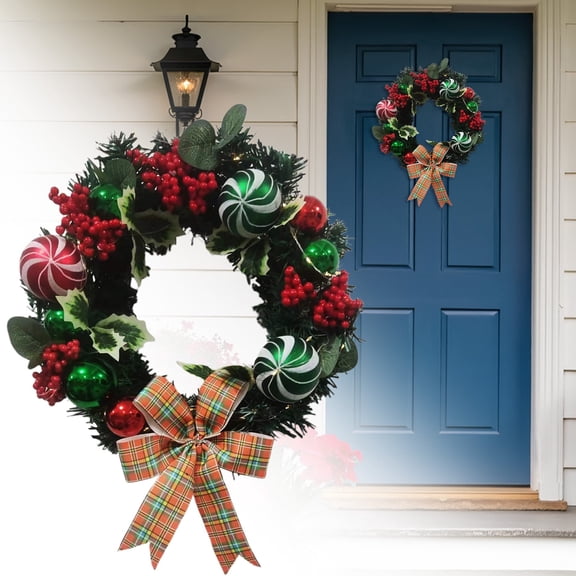 Homesteed Lighted Christmas Wreath Front Door Decor Artificial Holiday Wreaths with Berry and Candy Accents for Indoor Outdoor Wall Home