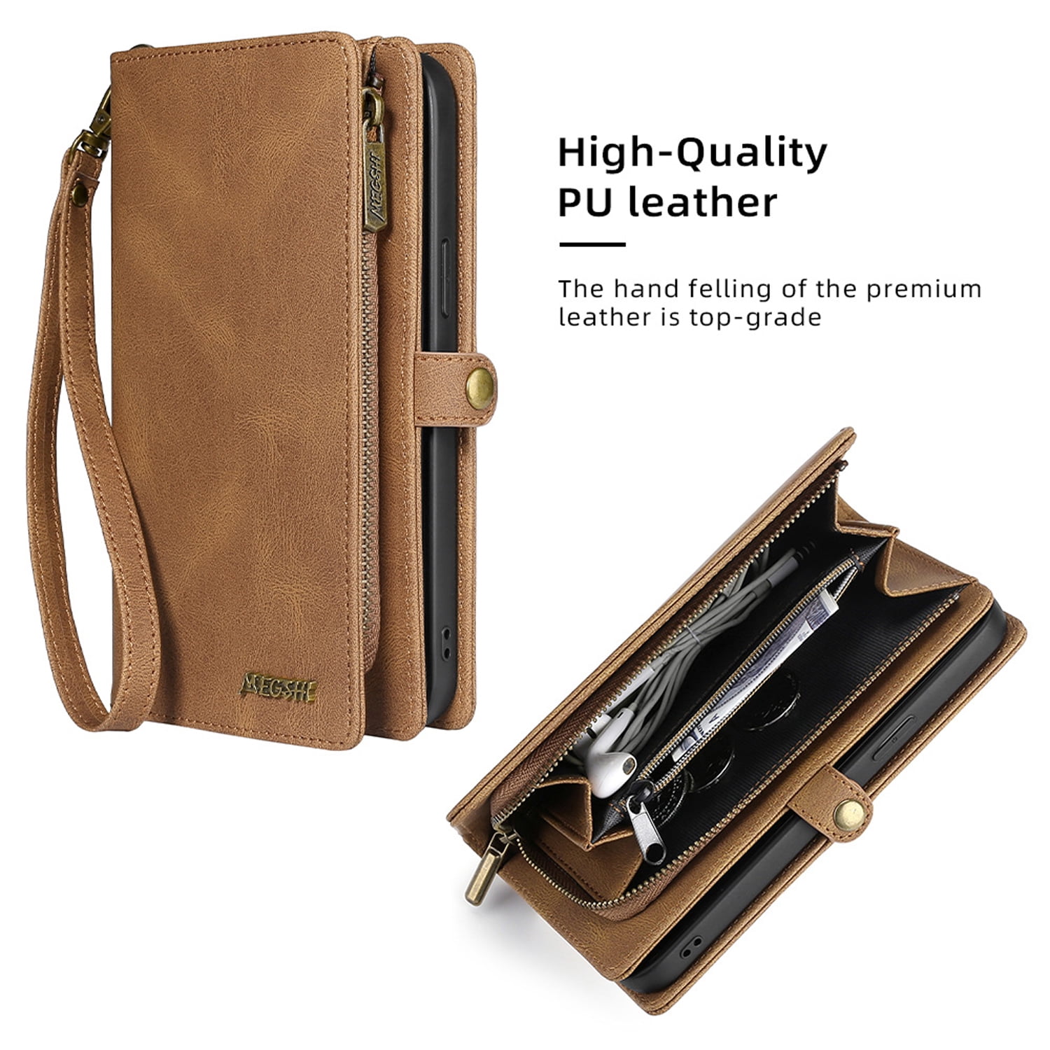 Detachable Wallet Case for iPhone 7 / iPhone 8 / iPhone SE 2022 & 2020, 2-in-1 Zipper Wallet with Credit Card Holder, PU Leather Wrist Strap Flip Stand Shockproof Magnetic Purse Phone Cover, Brown