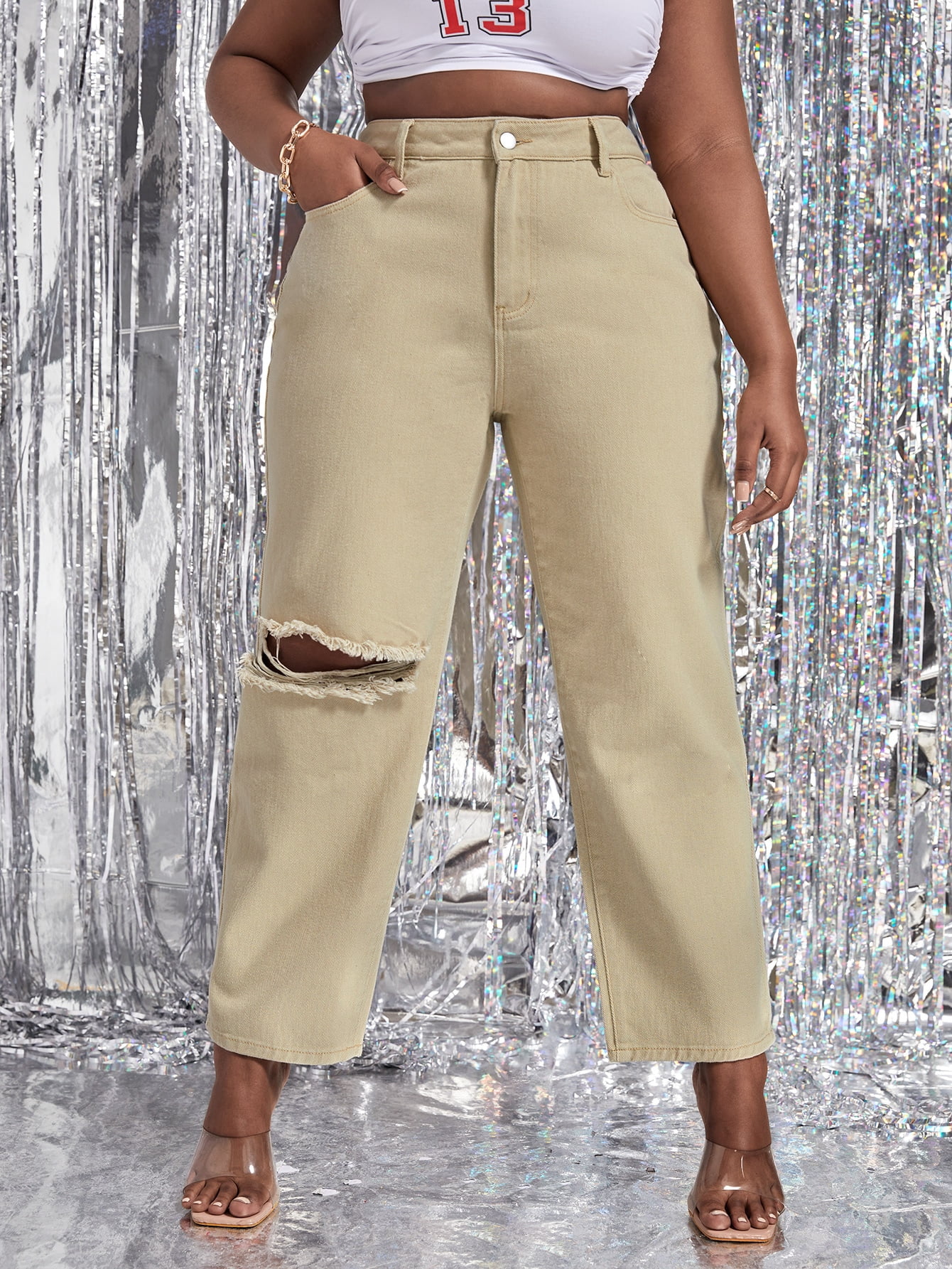 Khaki Women's Plus Ripped Slant Pockets 