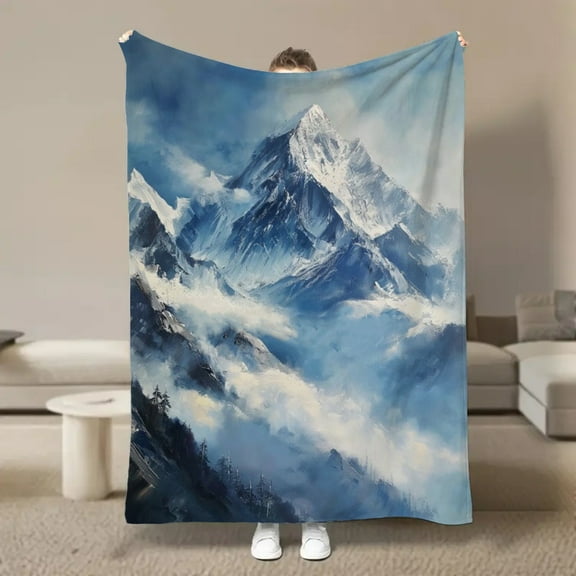 1pc Himalayan Mountains Flannel Blanket - All-Season Soft Warm Throw with Mt. Everest, Snow-Capped Peaks in Blue/White/Gray/Black/, Lightweight for Camping, Travel, Home, Office - Luxury Mountain Dec