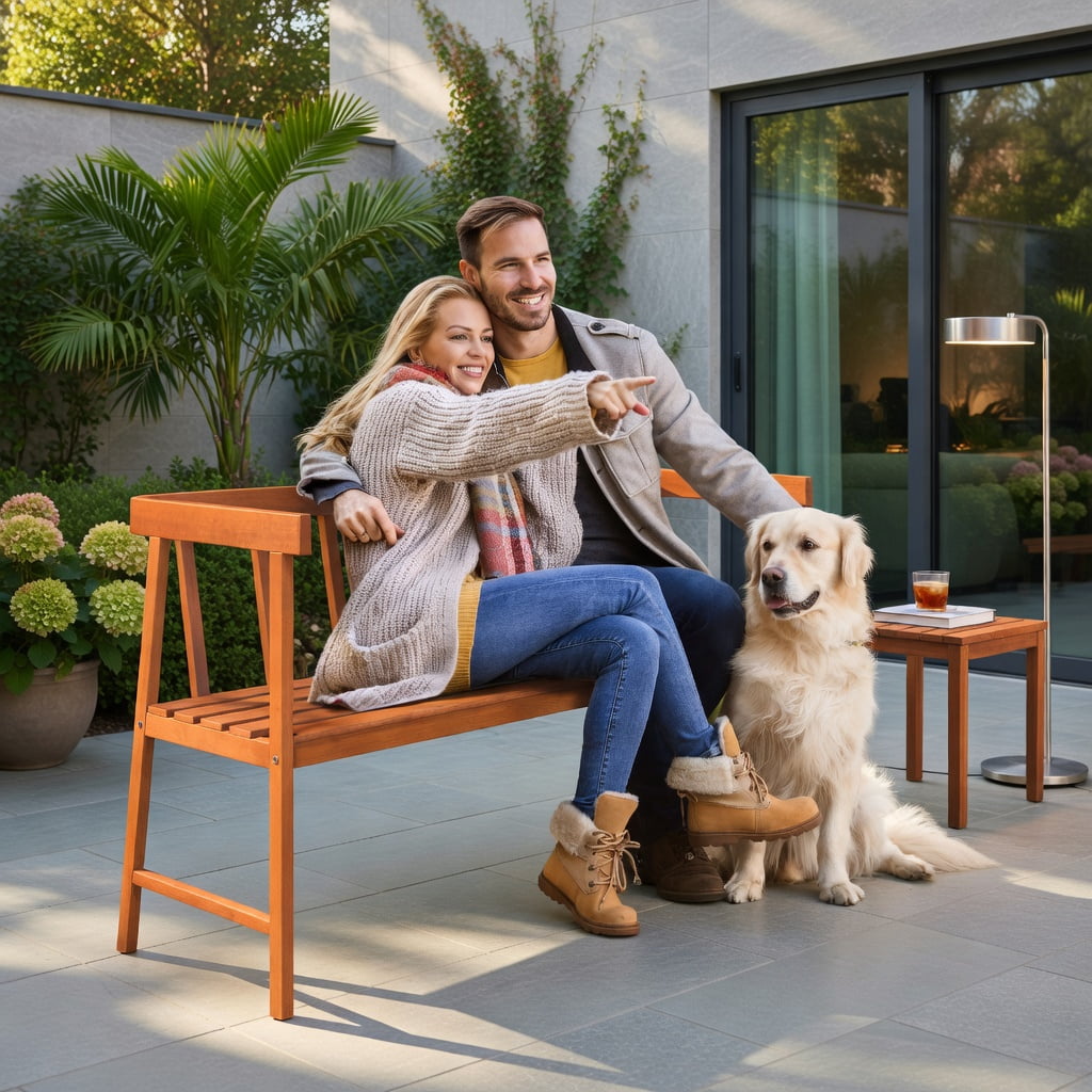 Hommoo Eucalyptus Wood Outdoor Bench with Backrest & Armrests, 2-Person Garden Patio Bench, Natural