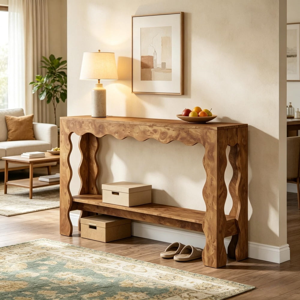 63 Inch 2-Tier Console Table with Scallop Design, Engineered Wood Accent Table with Curved Legs, Storage Sofa Table for Home Decor