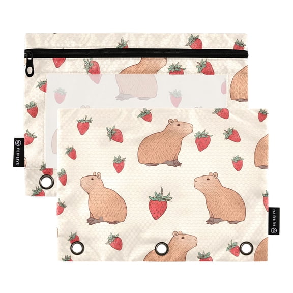ALAZA 2 Pack Pencil Pouch Capybara Strawberry Pattern Pencil Case for 3 Ring Binder Clear Window Pencil Bag Organizers