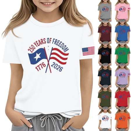 250th Anniversary USA Shirts for Girls Patriotic American Flag Crew Neck Tops Kids Stars and Stripes 4th of July Trendy Casual Blouses Wine 150