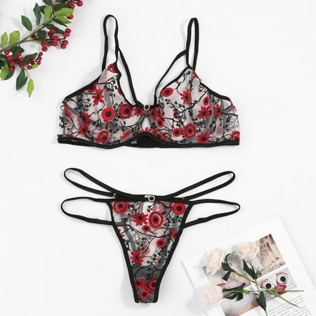 

Ykohkofe G-string Red Flowers Embroidery Bralette Cupless Lace Bra Bustier Women Lingerie