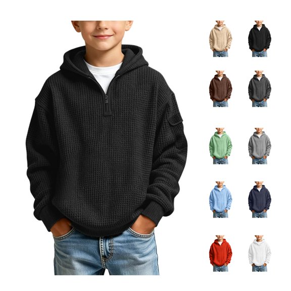 Brqkzdu Waffle Quarter Zip Pullover for Boys Drop Long Sleeve Casual Oversized Hoodies Lightweight Loose Comfy Hooded Sweatshirt for 3 Years