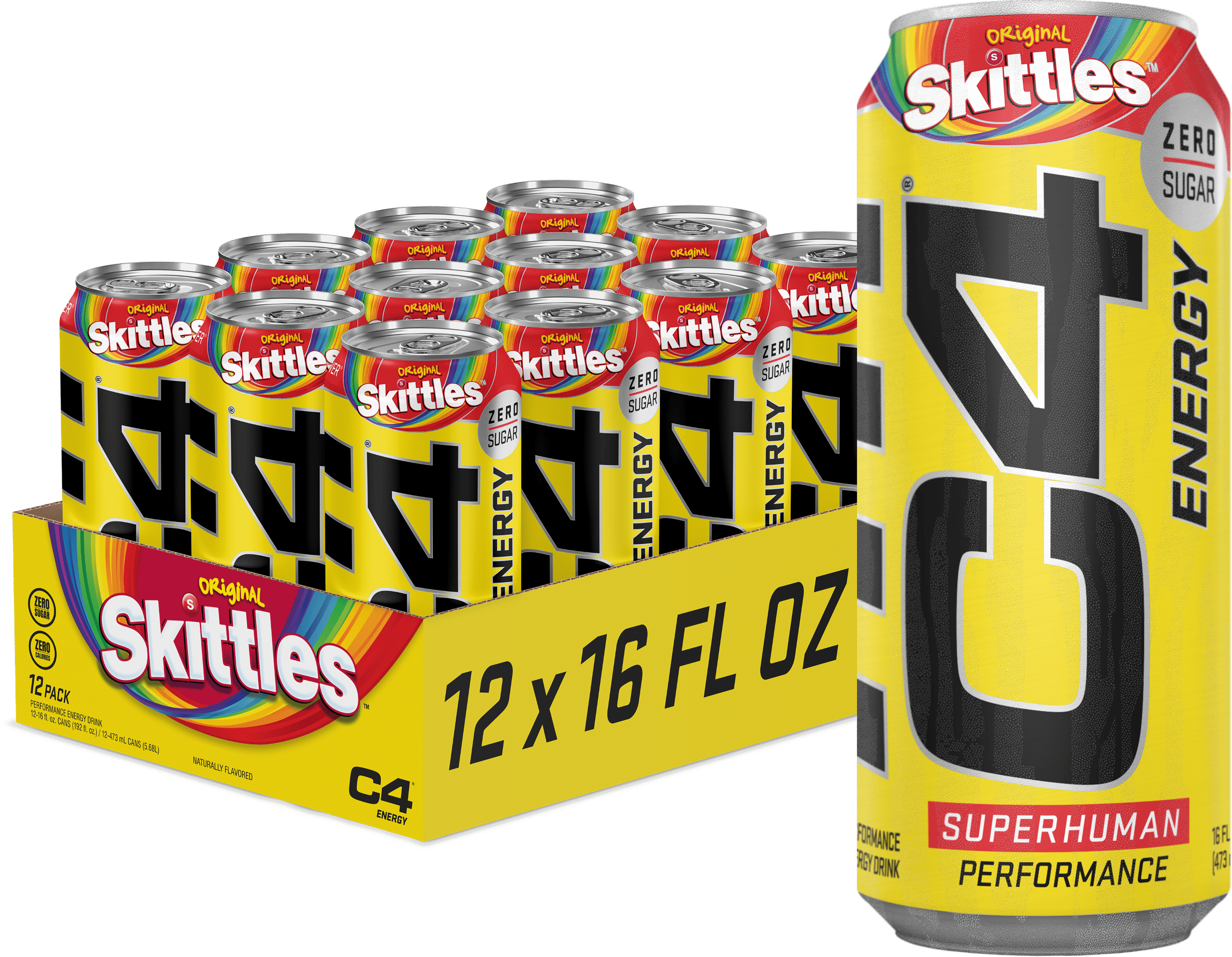 C4 Energy Drink, Skittles, Sugar Free, Carbonated Pre Workout Drink, 16
