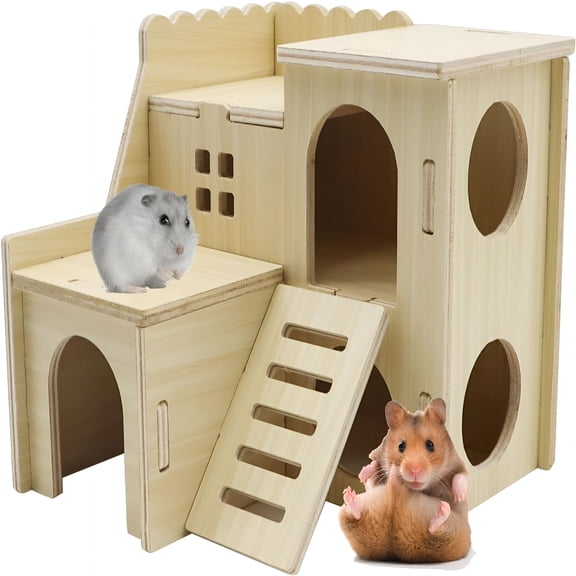 ACDANC Tiny Hamster Maze Wood House with Slide House Hamster Hideout Cage Accessories for Dwarf Gerbils and Mouse Mice Rat Other Small Animals (Only Suitable for Hamsters)