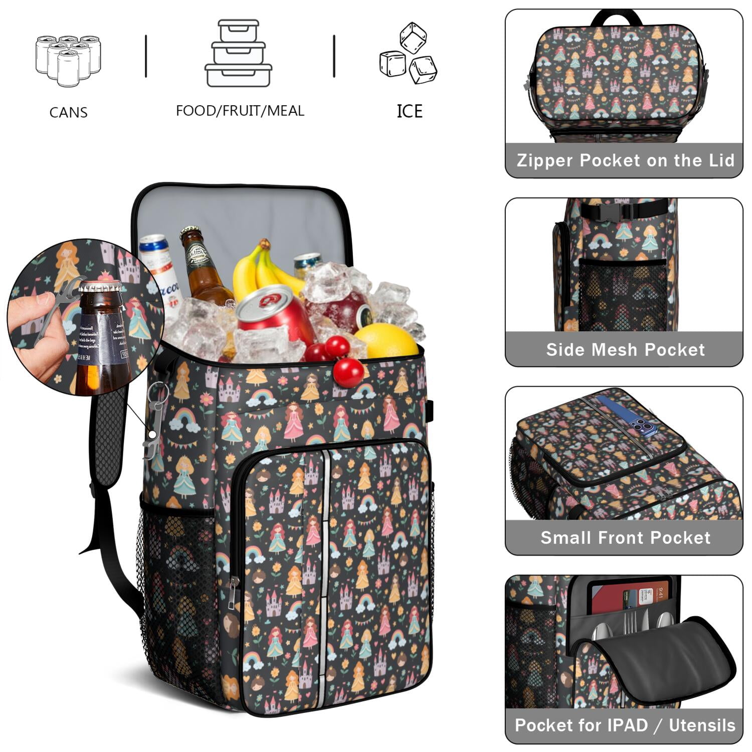 Travel Cooler Bag - Black Princess Castle Rainbow Pattern Camping Beer Cooler Backpack with Bottle Opener- Waterproof Insulated Picnic Backpacks - Cooler Bag for Beach